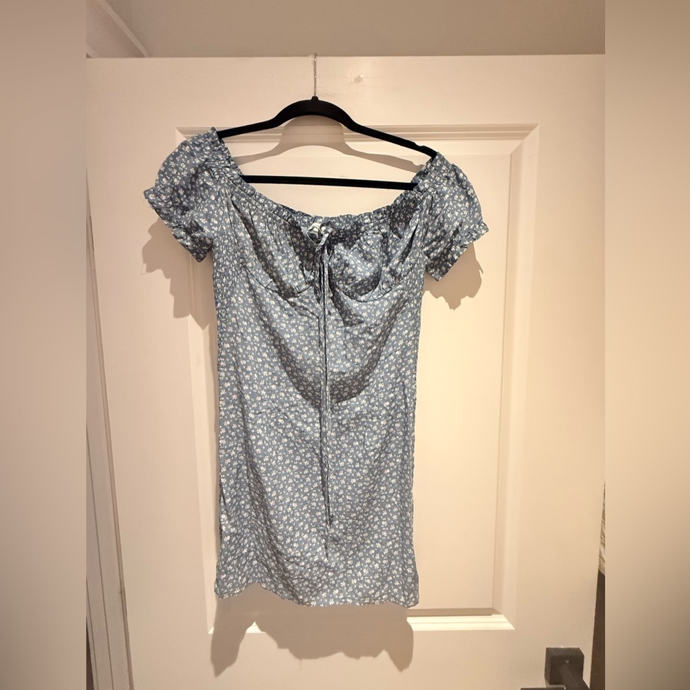 NWOT Blush J  Blue Smocked Back Dress Size L Puffy Sleeves Off shoulder mini